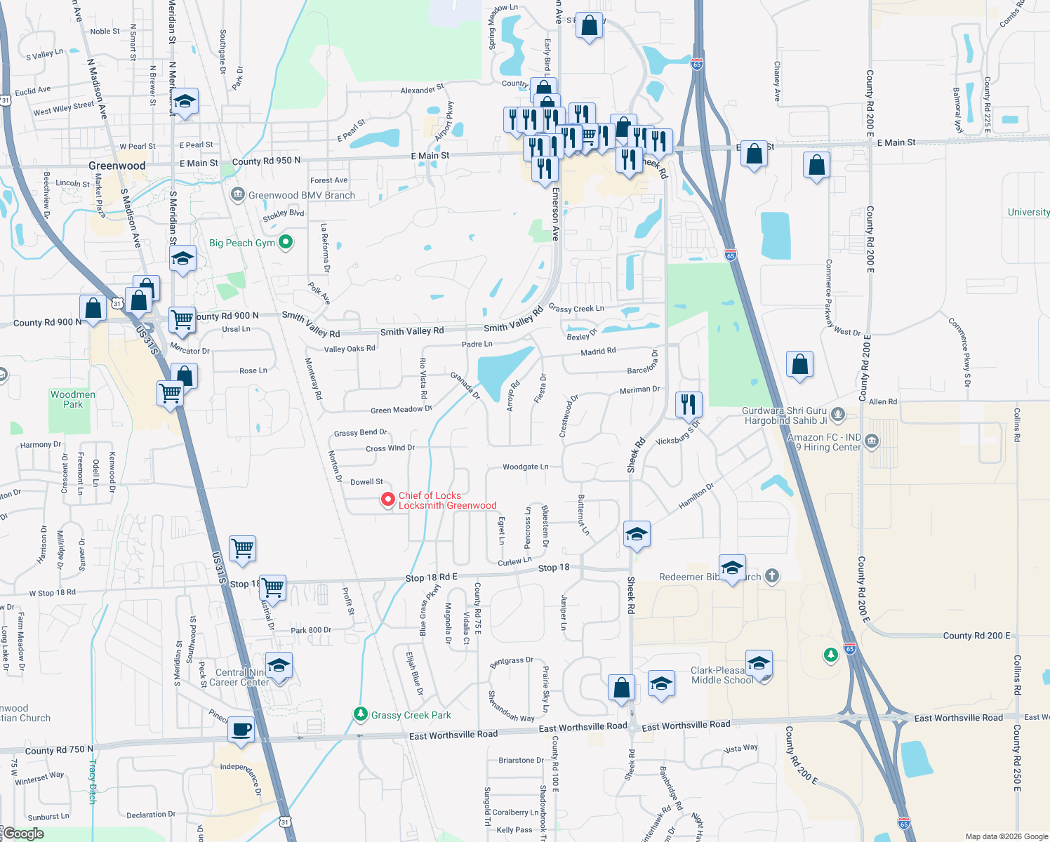 map of restaurants, bars, coffee shops, grocery stores, and more near 1110 Fiesta Drive in Greenwood