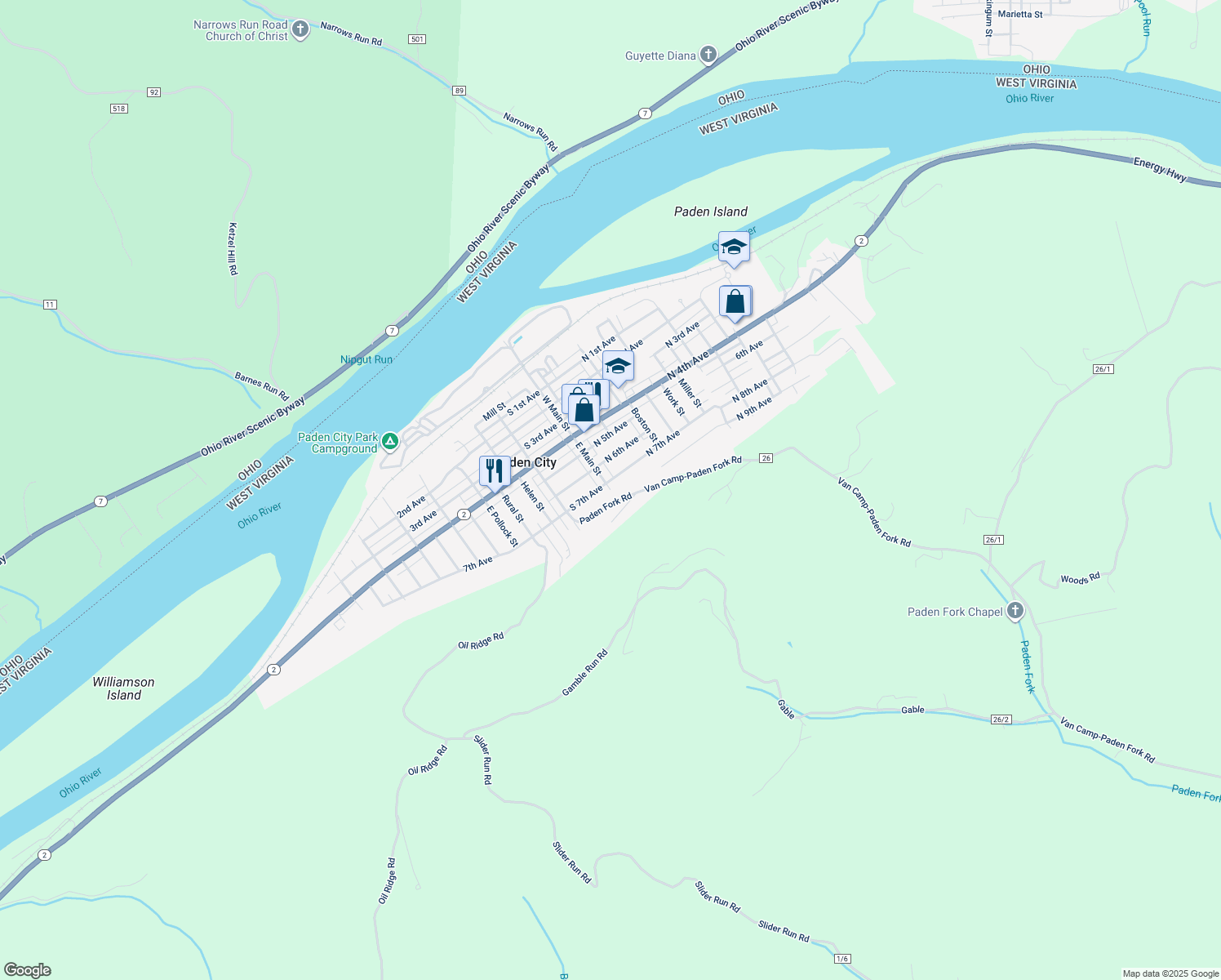 map of restaurants, bars, coffee shops, grocery stores, and more near 417 East Main Street in Paden City