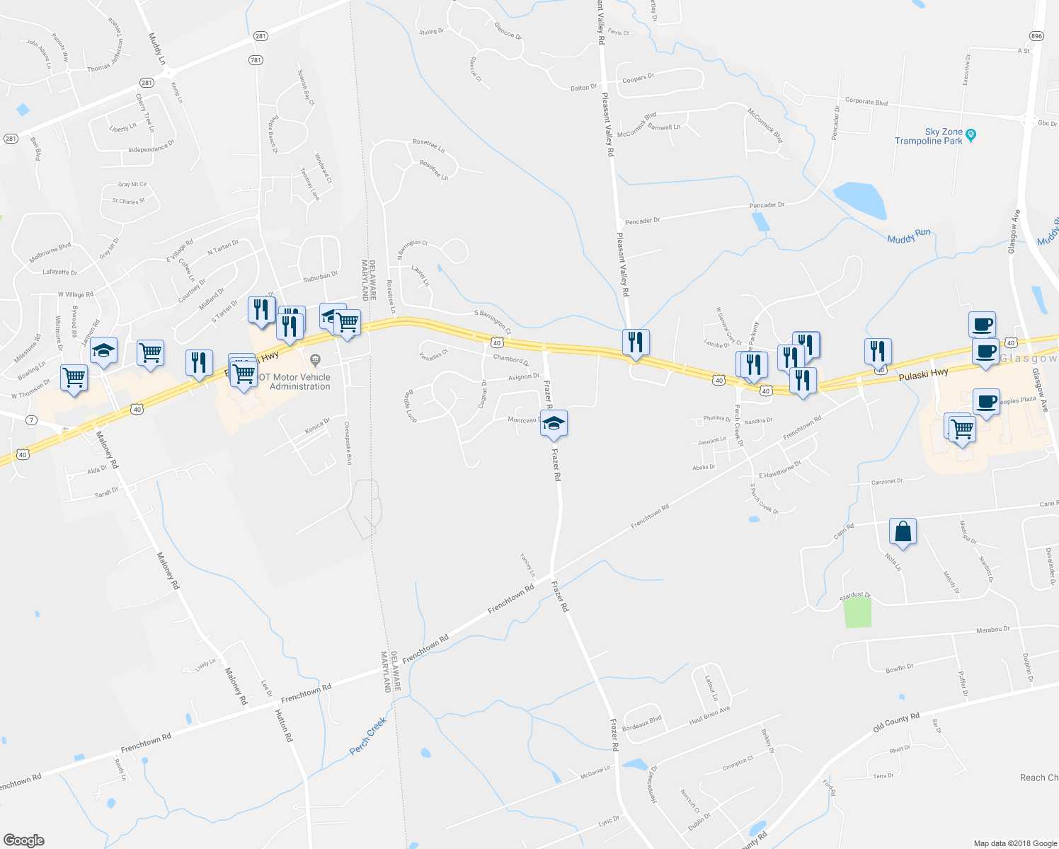 map of restaurants, bars, coffee shops, grocery stores, and more near 9 Montceau Drive in Newark