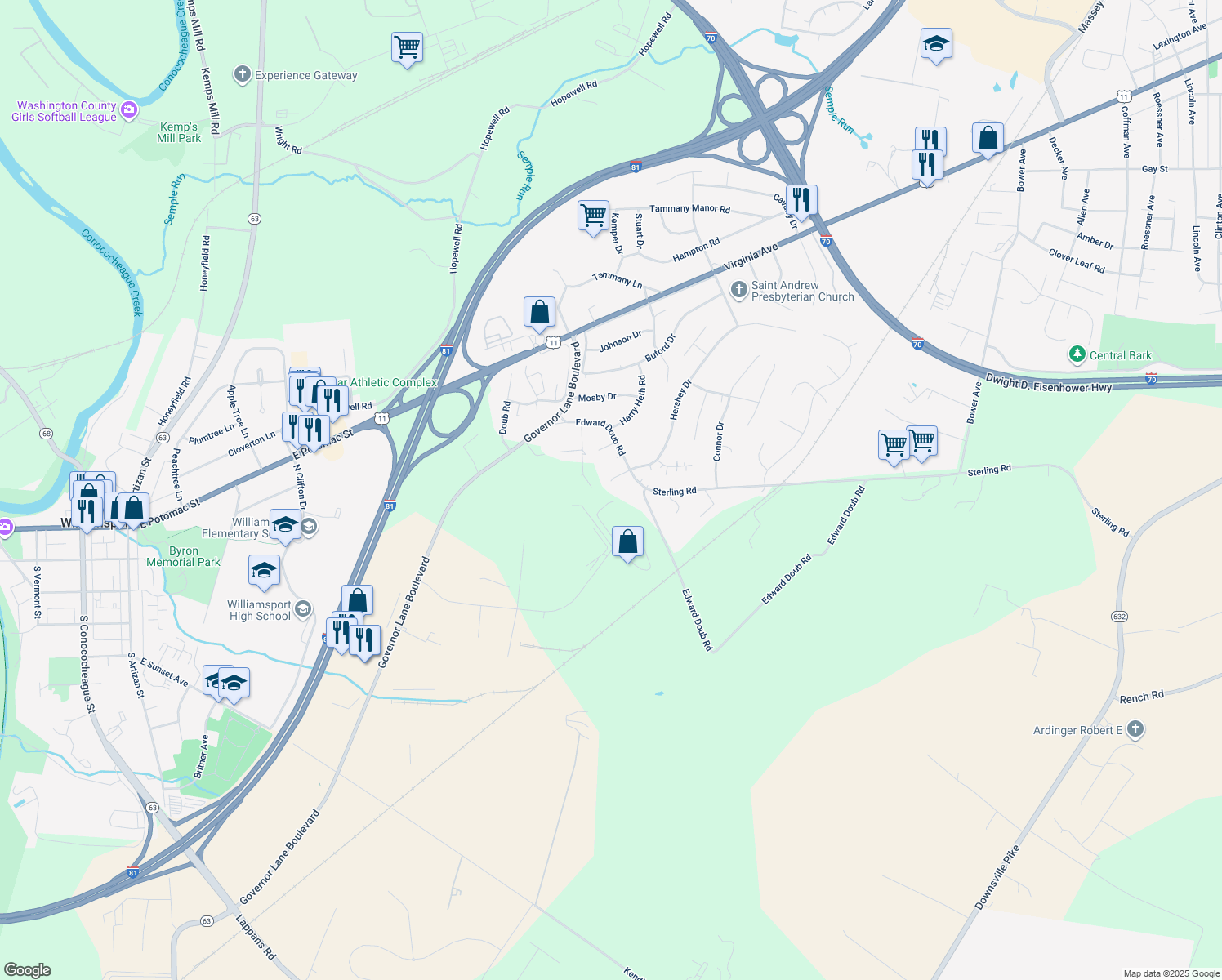 map of restaurants, bars, coffee shops, grocery stores, and more near 16605 Coney Court in Williamsport