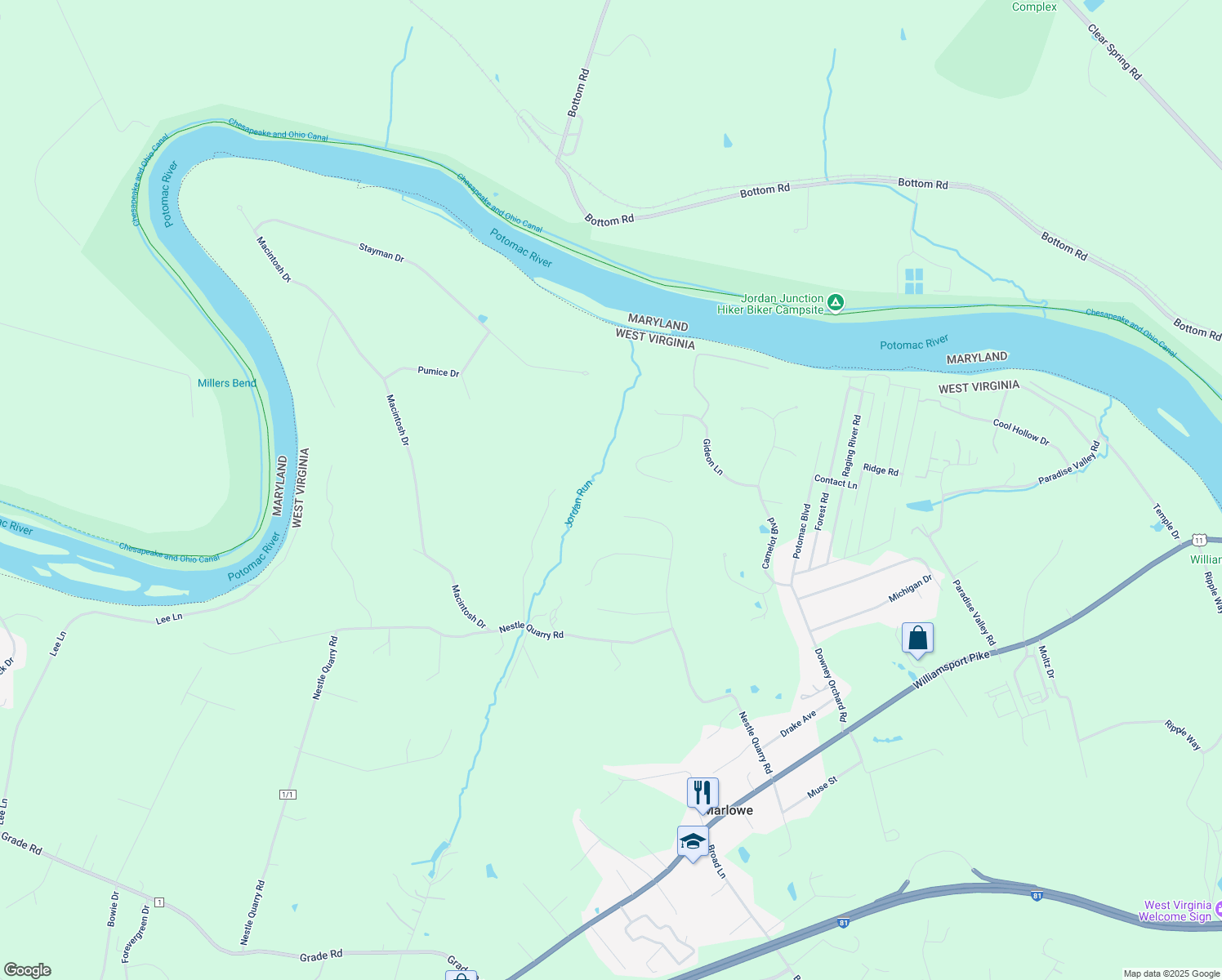 map of restaurants, bars, coffee shops, grocery stores, and more near 418 Appaloosa Drive in Falling Waters