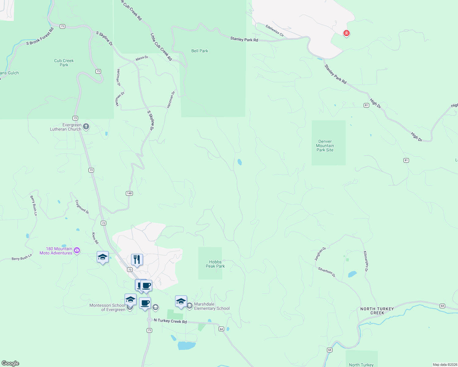 map of restaurants, bars, coffee shops, grocery stores, and more near 6243 Little Cub Creek Road in Evergreen