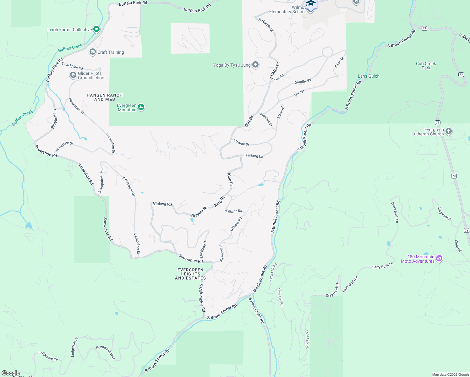 map of restaurants, bars, coffee shops, grocery stores, and more near 6232 King Drive in Evergreen