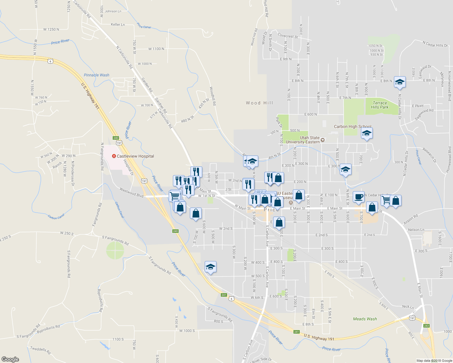 map of restaurants, bars, coffee shops, grocery stores, and more near 198 North 4th West in Price