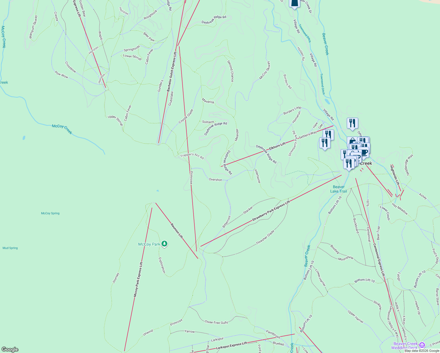 map of restaurants, bars, coffee shops, grocery stores, and more near Daybreak Ridge Rd in Avon