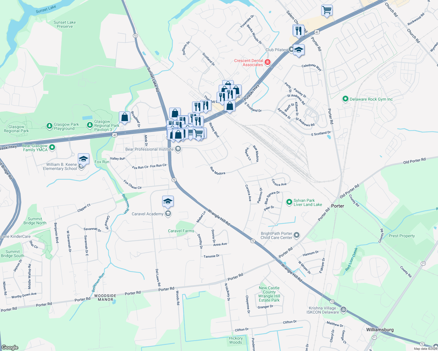 map of restaurants, bars, coffee shops, grocery stores, and more near 4 Pimlico Lane in Bear