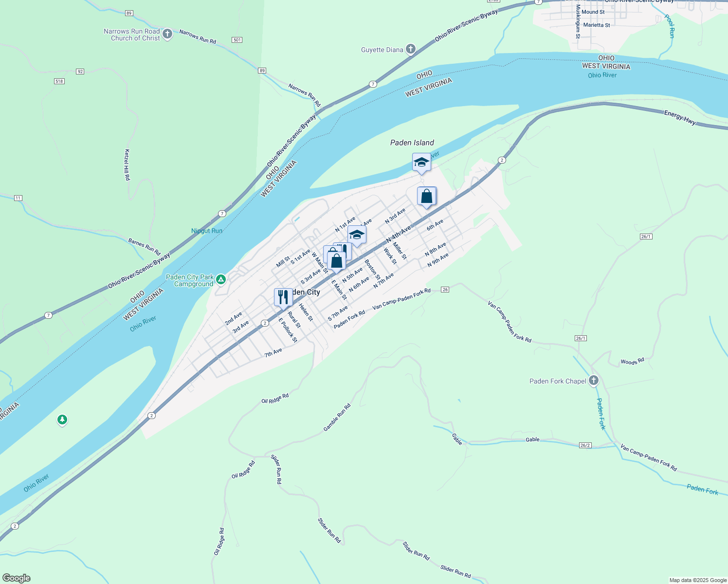 map of restaurants, bars, coffee shops, grocery stores, and more near 129 North 7th Avenue in Paden City