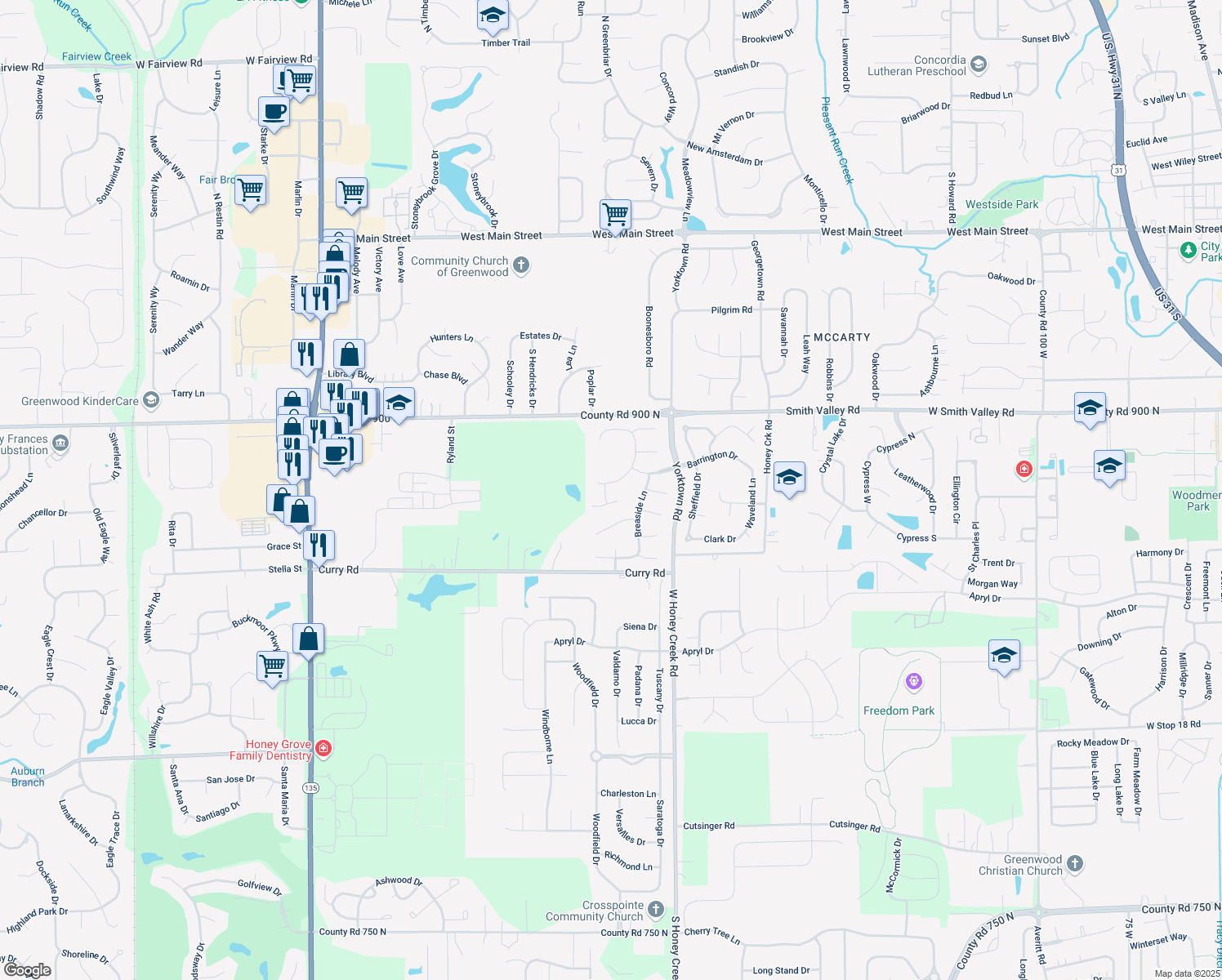 map of restaurants, bars, coffee shops, grocery stores, and more near 771 Burr Oak Dr in Greenwood