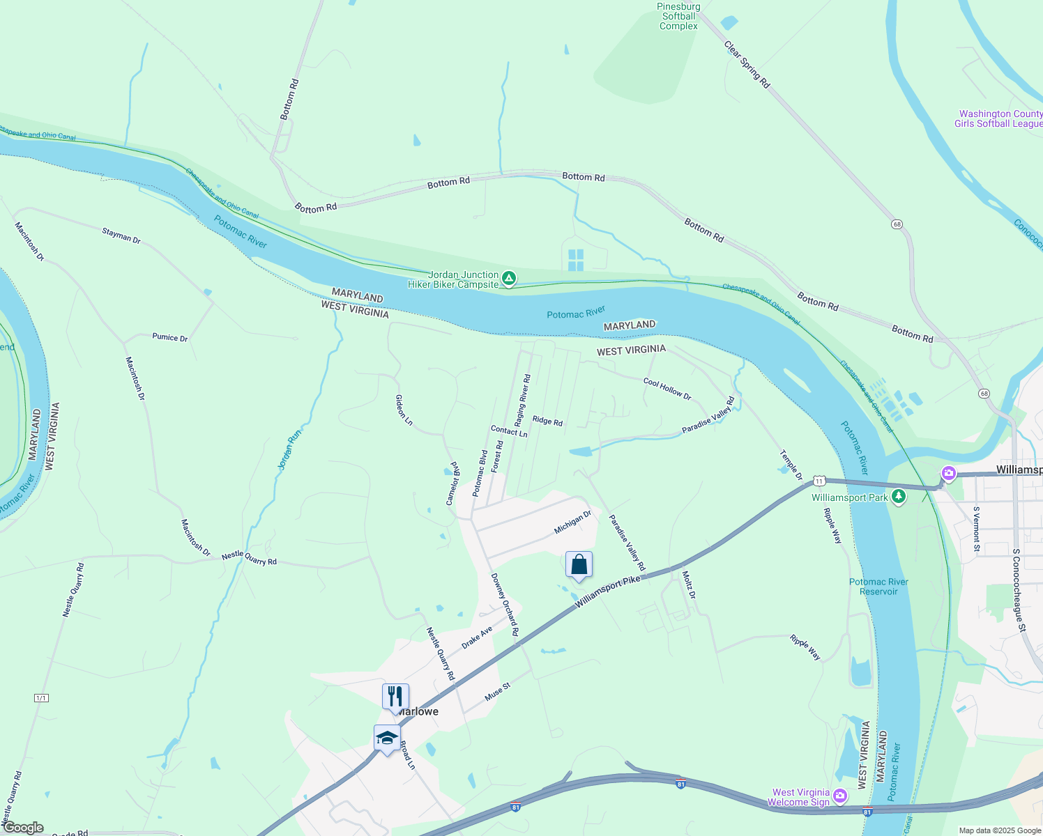 map of restaurants, bars, coffee shops, grocery stores, and more near 282 Raging River Road in Falling Waters