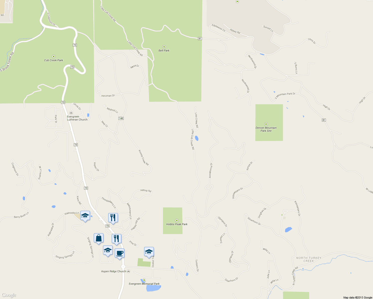 map of restaurants, bars, coffee shops, grocery stores, and more near 6243 Little Cub Creek Rd in Evergreen