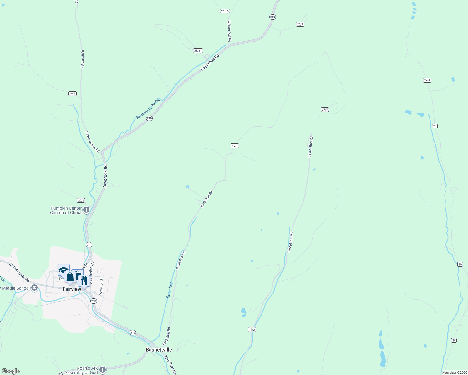 map of restaurants, bars, coffee shops, grocery stores, and more near 592 Rush Run Rd in Fairview