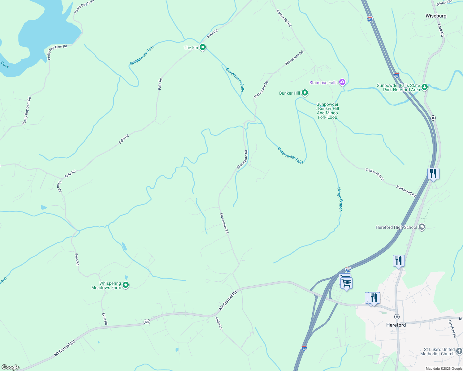 map of restaurants, bars, coffee shops, grocery stores, and more near 17417 Masemore Road in Parkton