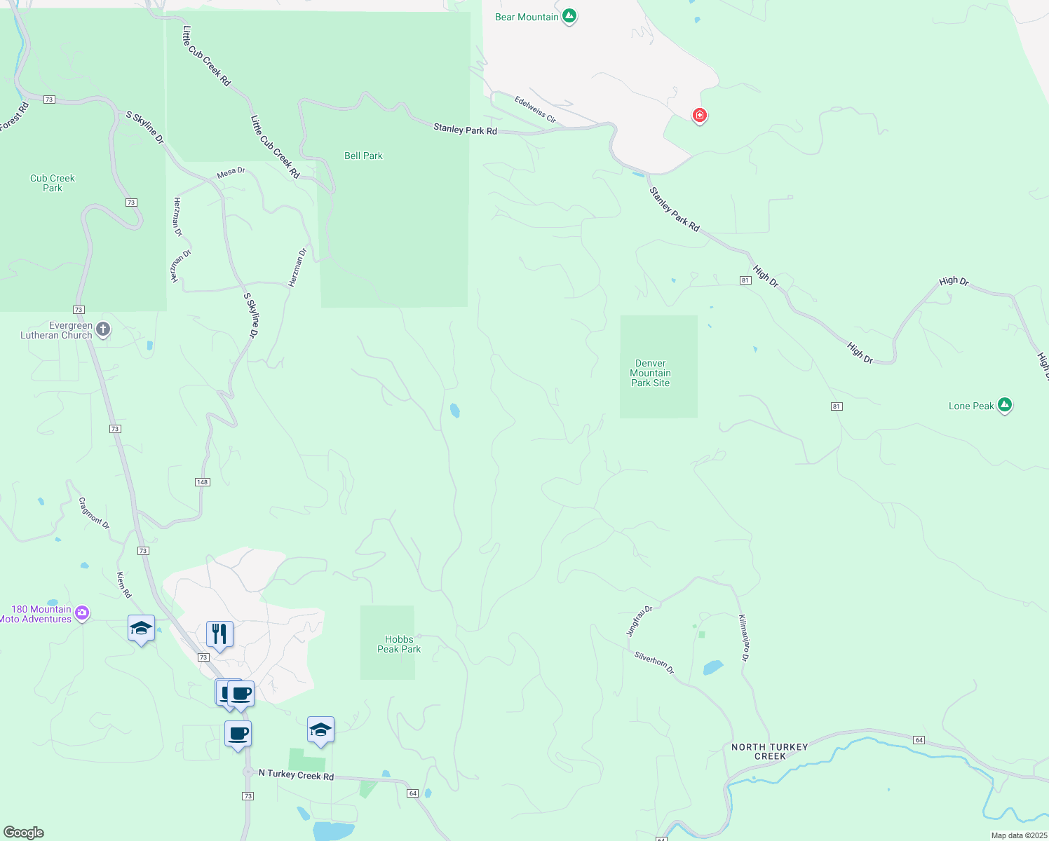 map of restaurants, bars, coffee shops, grocery stores, and more near 6131 Kilimanjaro Drive in Evergreen