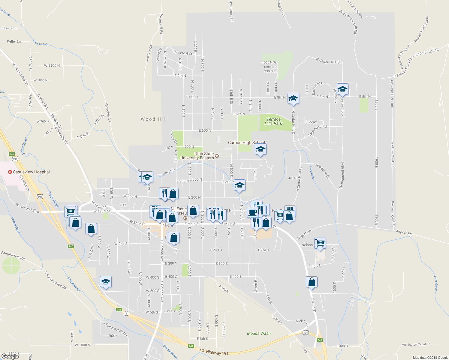 map of restaurants, bars, coffee shops, grocery stores, and more near 451 East 300 North in Price