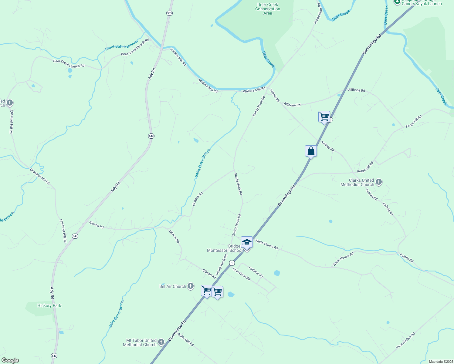 map of restaurants, bars, coffee shops, grocery stores, and more near 2647 Hoopes Road in Forest Hill