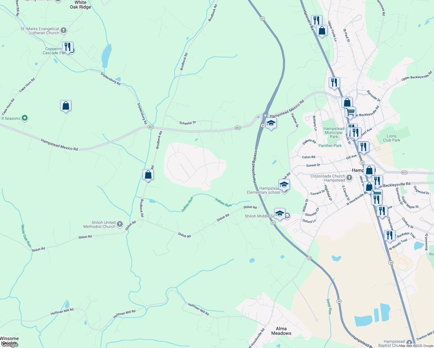 map of restaurants, bars, coffee shops, grocery stores, and more near 1194 Broadmoor Court in Hampstead