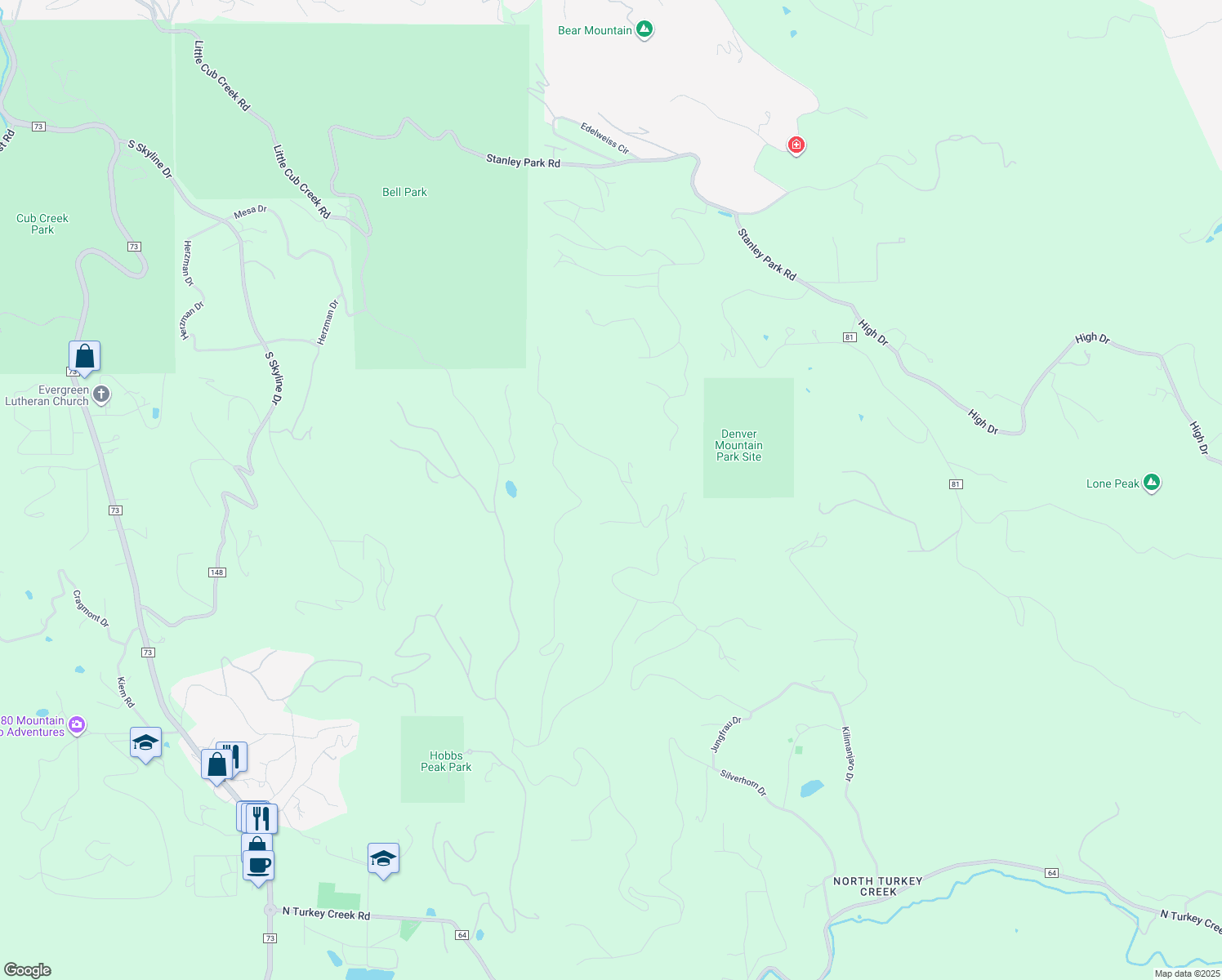 map of restaurants, bars, coffee shops, grocery stores, and more near 6131 Kilimanjaro Dr in Evergreen