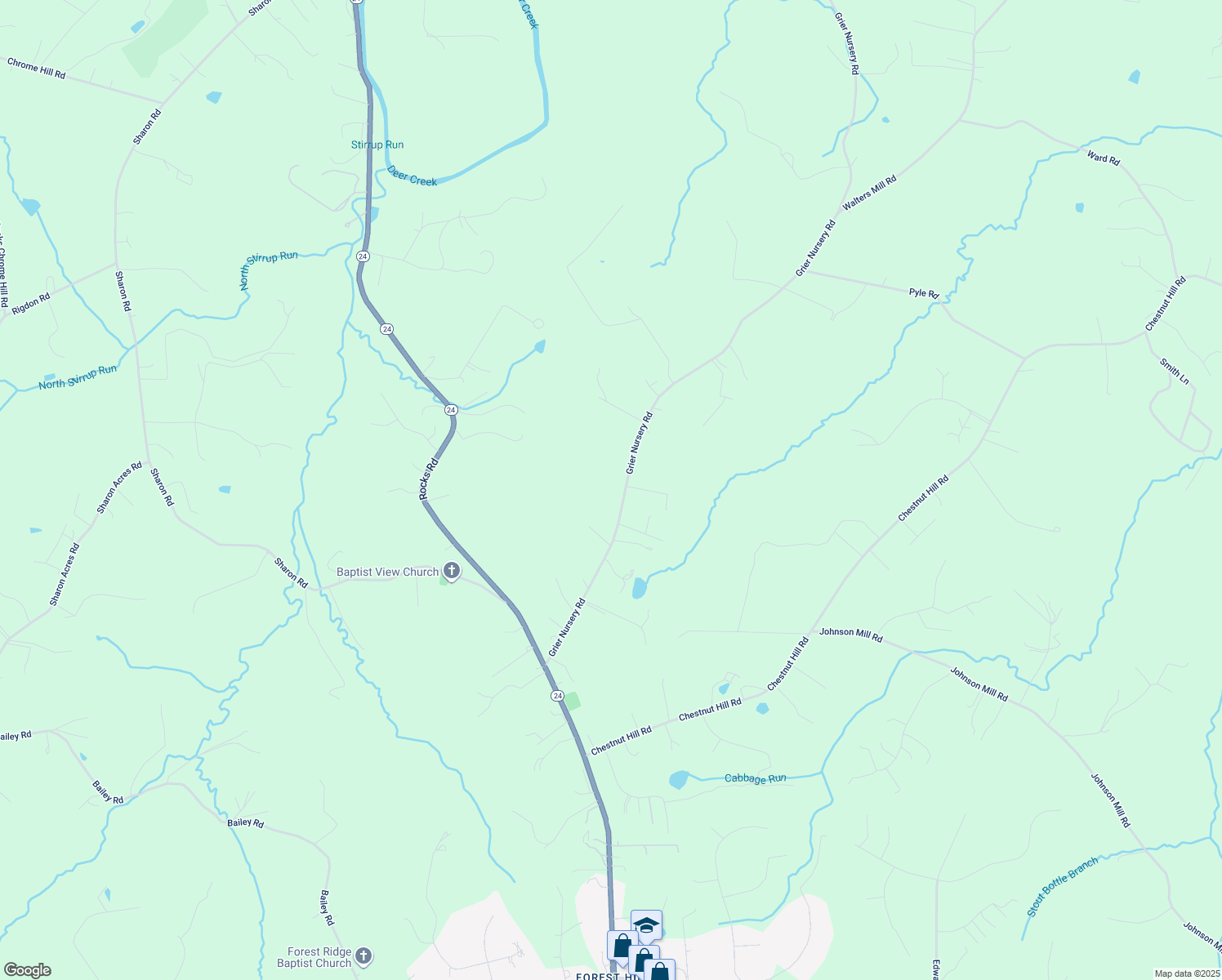 map of restaurants, bars, coffee shops, grocery stores, and more near 2824 Grier Nursery Road in Forest Hill