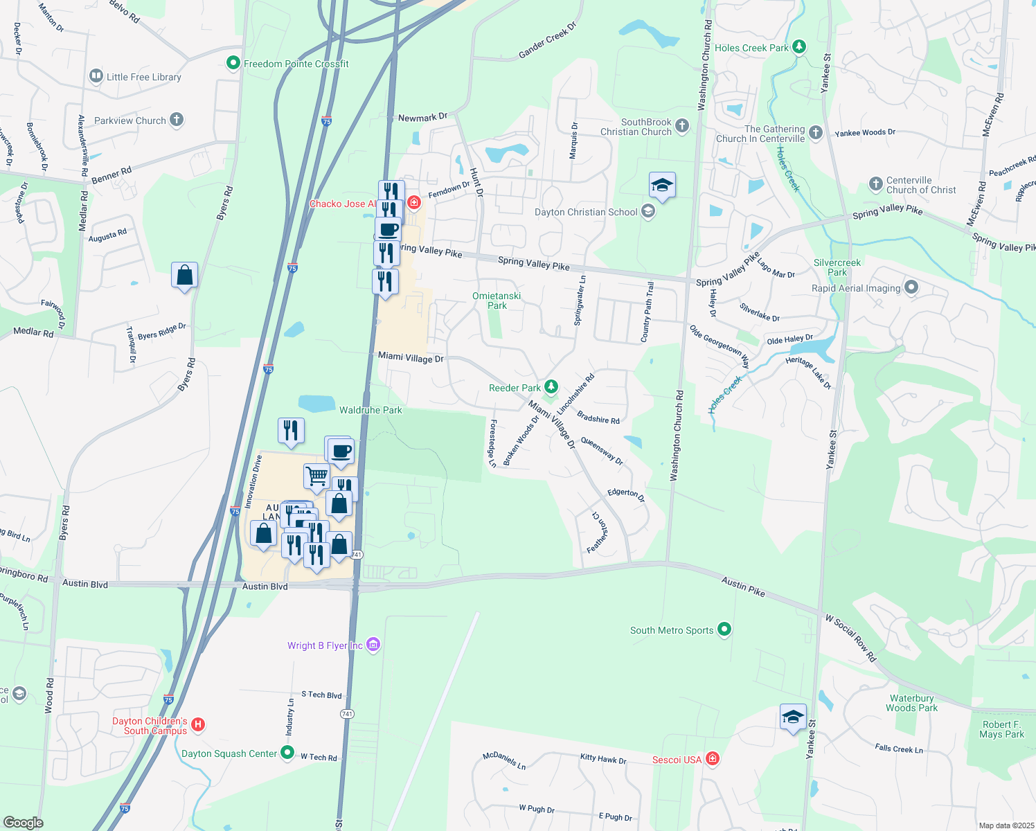 map of restaurants, bars, coffee shops, grocery stores, and more near 2600 Highland Village Lane in Miamisburg