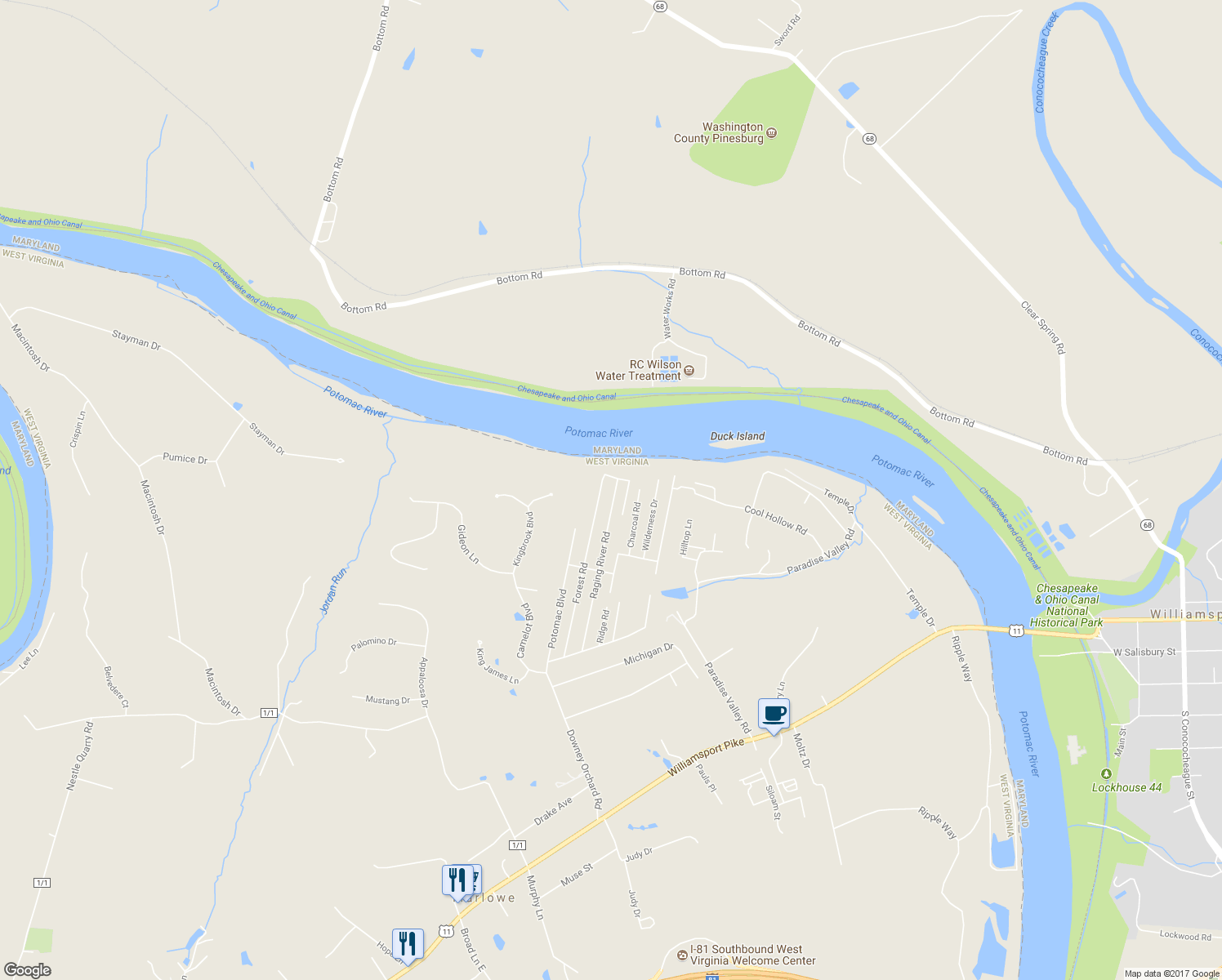 map of restaurants, bars, coffee shops, grocery stores, and more near 457 Raging River Road in Falling Waters