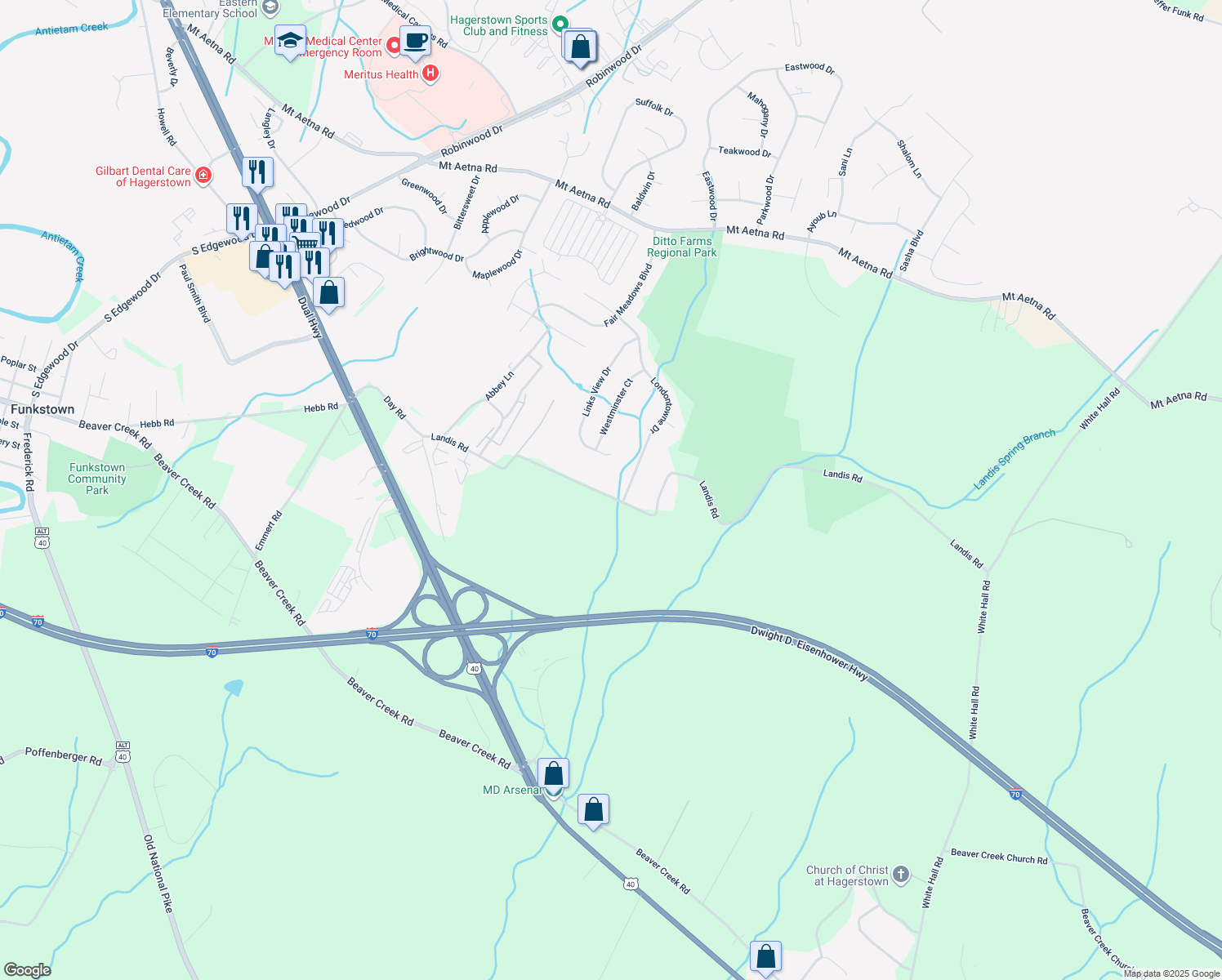 map of restaurants, bars, coffee shops, grocery stores, and more near 342 Landis Road in Hagerstown