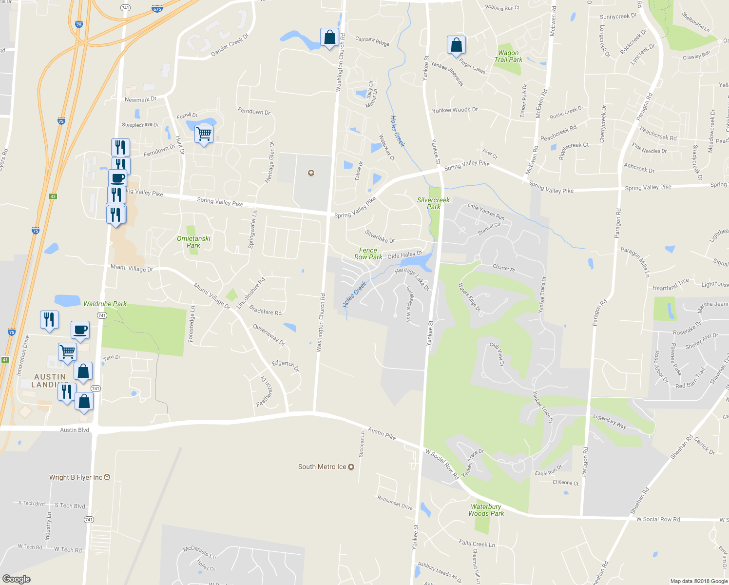 map of restaurants, bars, coffee shops, grocery stores, and more near 1719 Heritage Lake Drive in Dayton