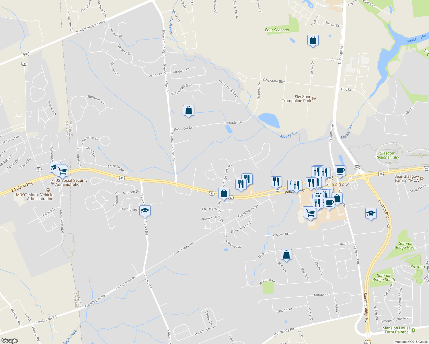 map of restaurants, bars, coffee shops, grocery stores, and more near 218 West General Grey Court in Newark