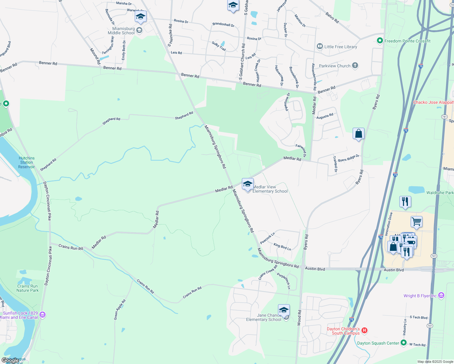 map of restaurants, bars, coffee shops, grocery stores, and more near 9708 Miamisburg Springboro Pike in Miamisburg