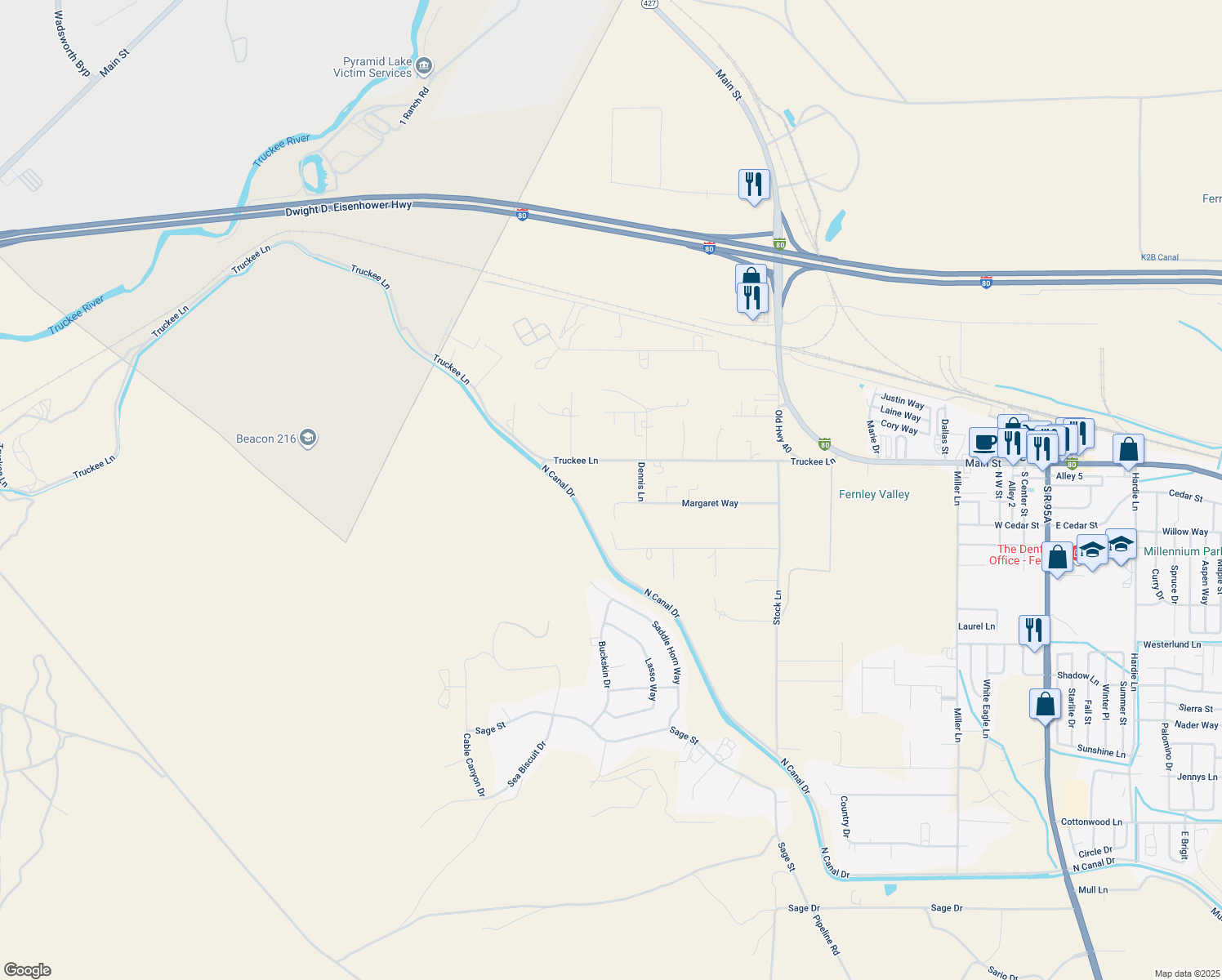 map of restaurants, bars, coffee shops, grocery stores, and more near 1170 Margaret Way in Fernley