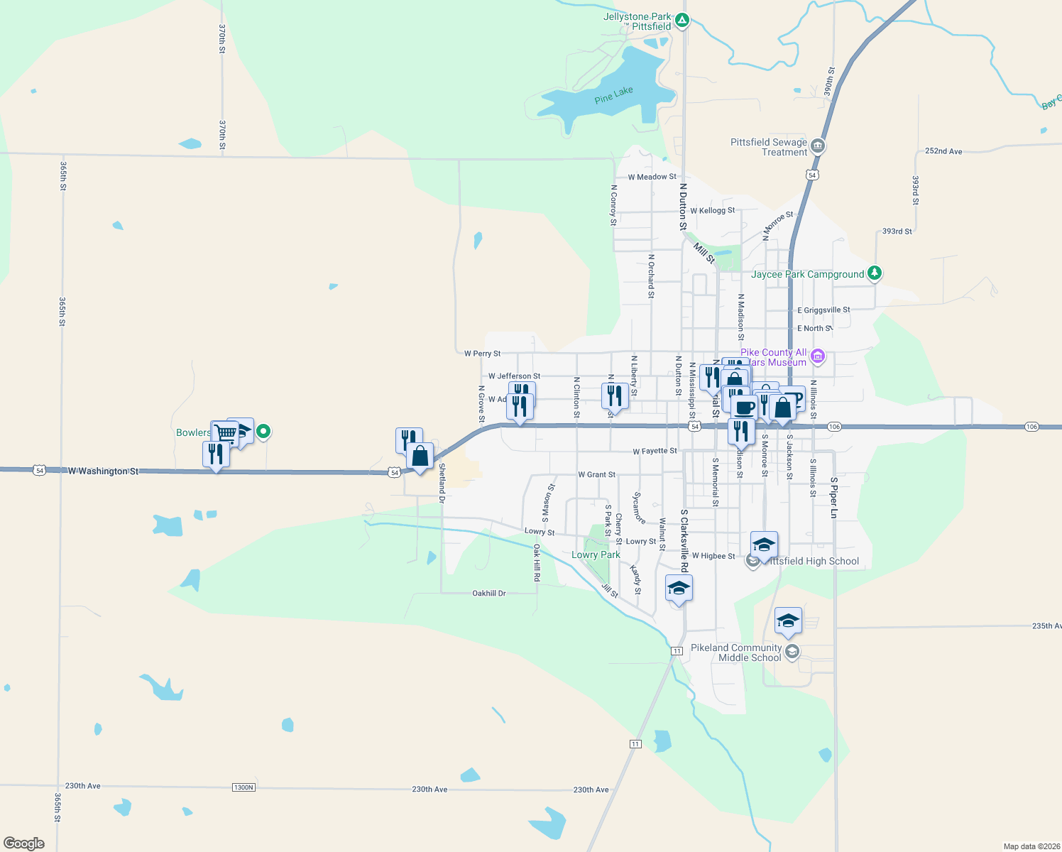 map of restaurants, bars, coffee shops, grocery stores, and more near 951 West Adams Street in Pittsfield