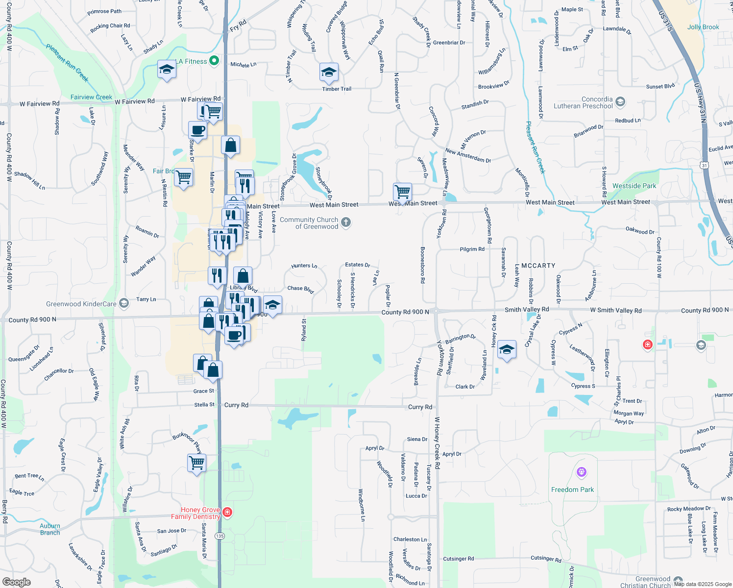map of restaurants, bars, coffee shops, grocery stores, and more near 488 Green Valley Drive in Greenwood