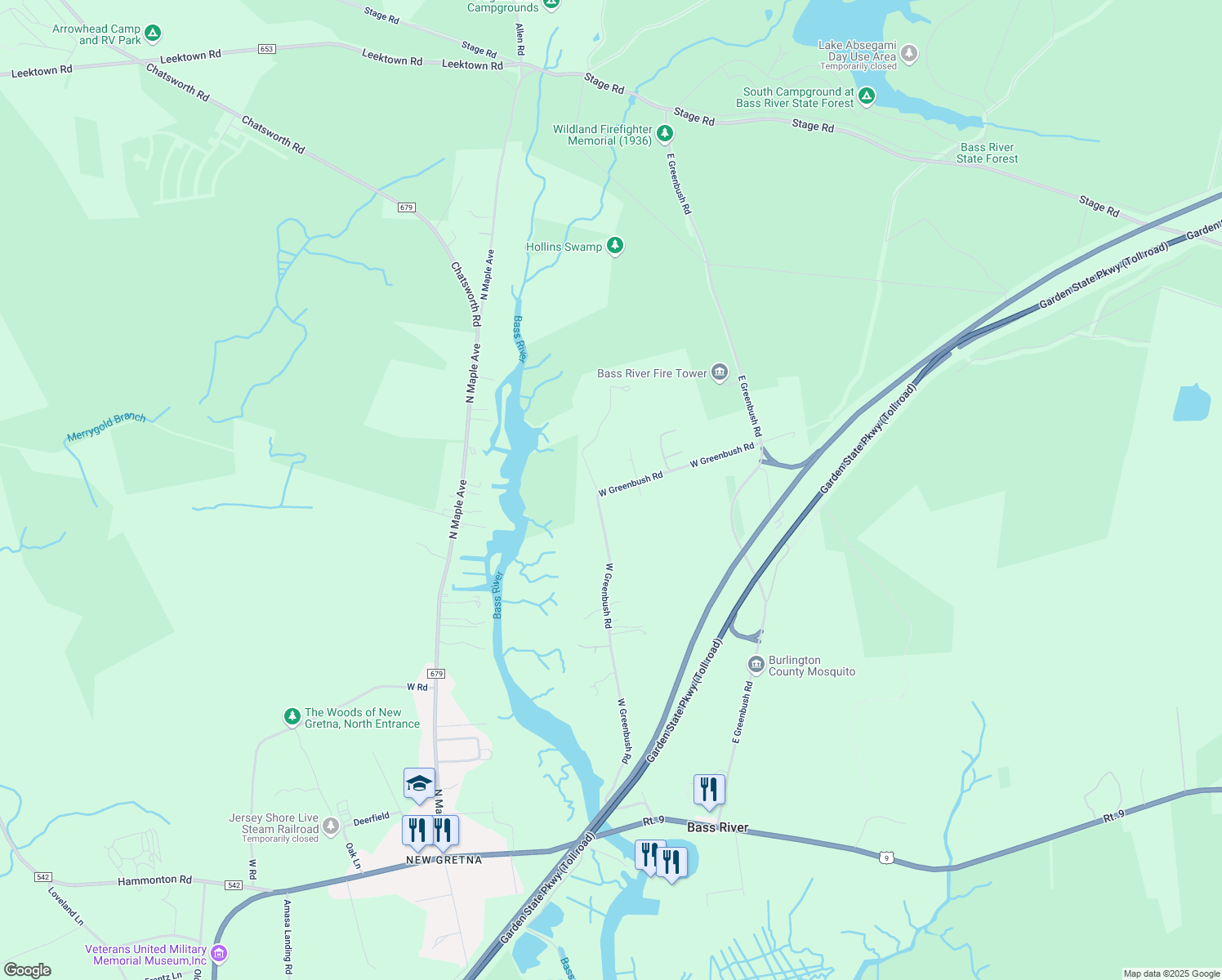 map of restaurants, bars, coffee shops, grocery stores, and more near 74 West Greenbush Road in Tuckerton
