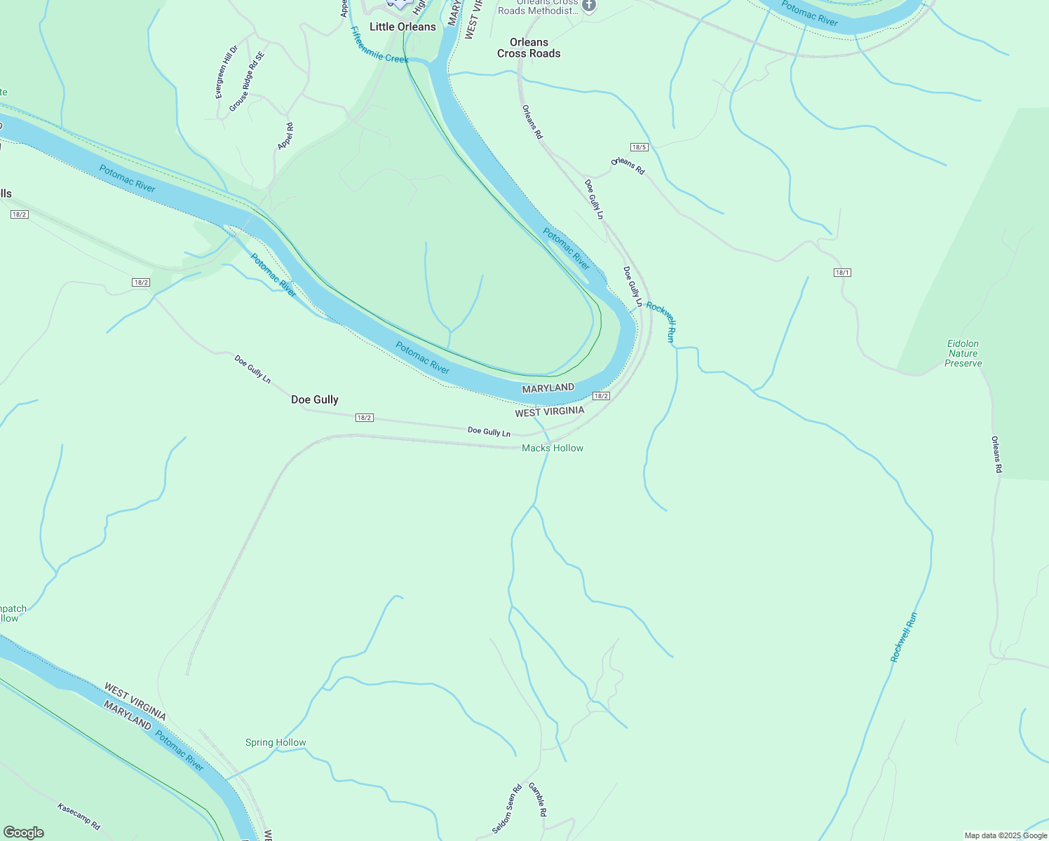 map of restaurants, bars, coffee shops, grocery stores, and more near Doe Gully Lane in Great Cacapon