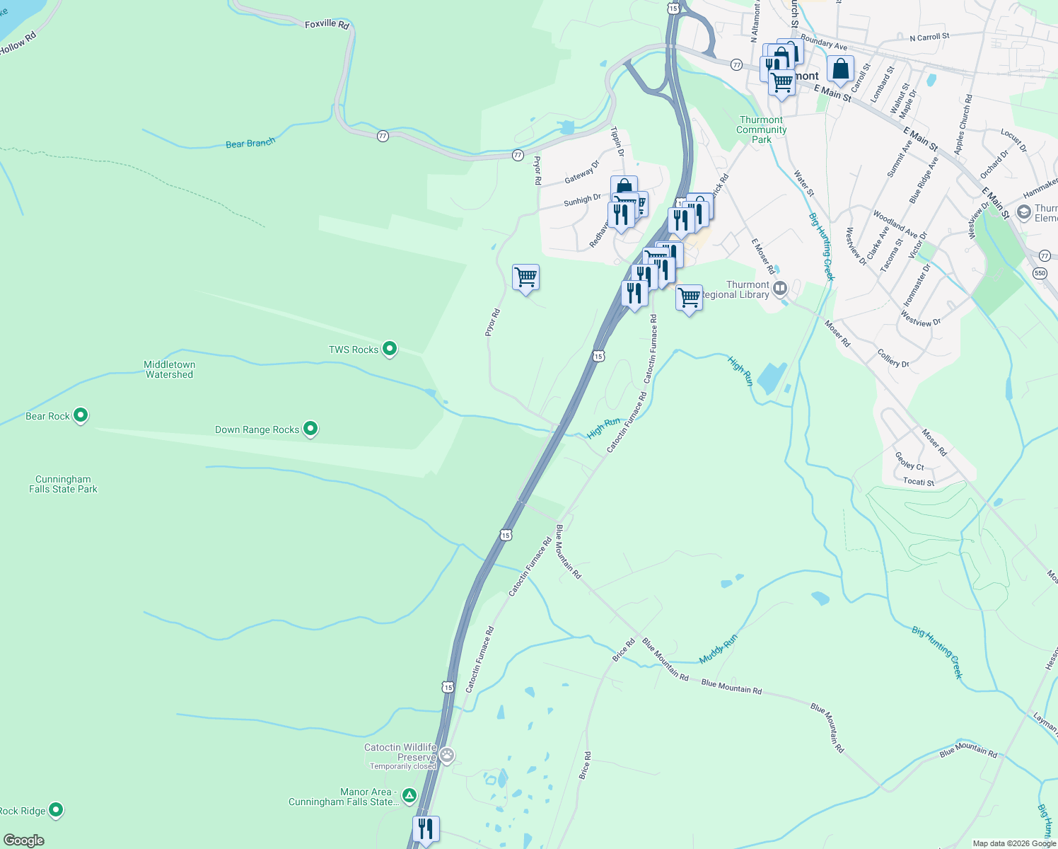 map of restaurants, bars, coffee shops, grocery stores, and more near 13620 Pryor Road in Thurmont