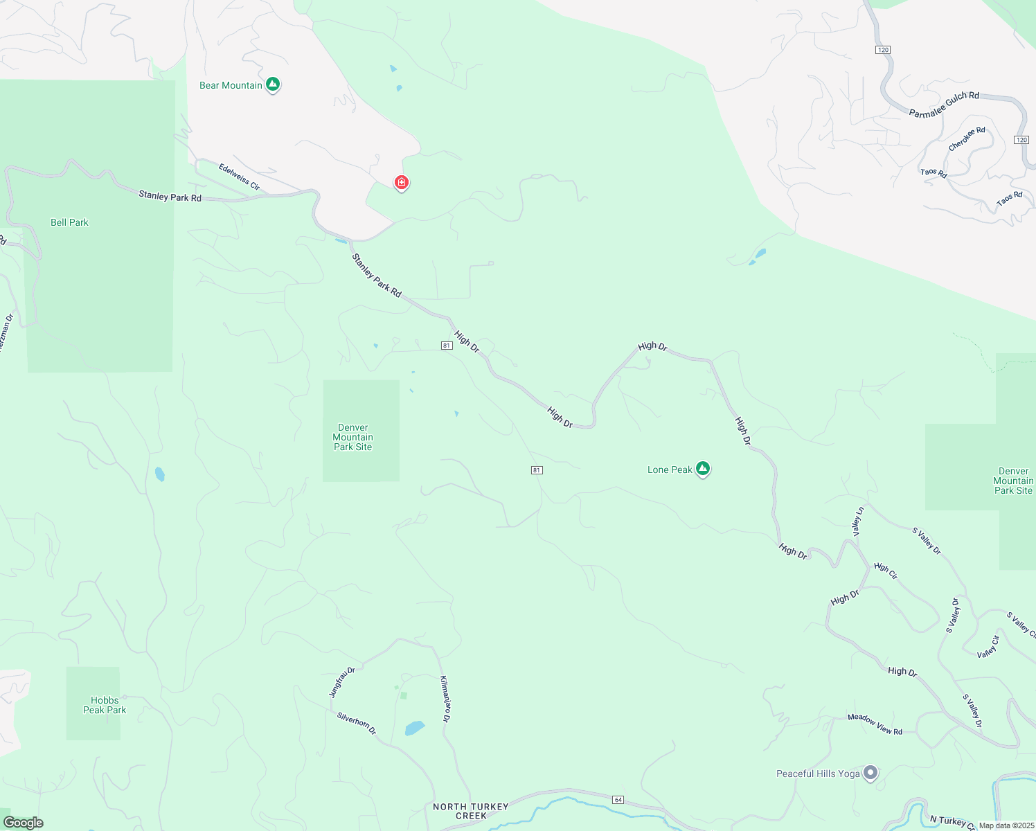 map of restaurants, bars, coffee shops, grocery stores, and more near 6058 Lone Peak Drive in Evergreen