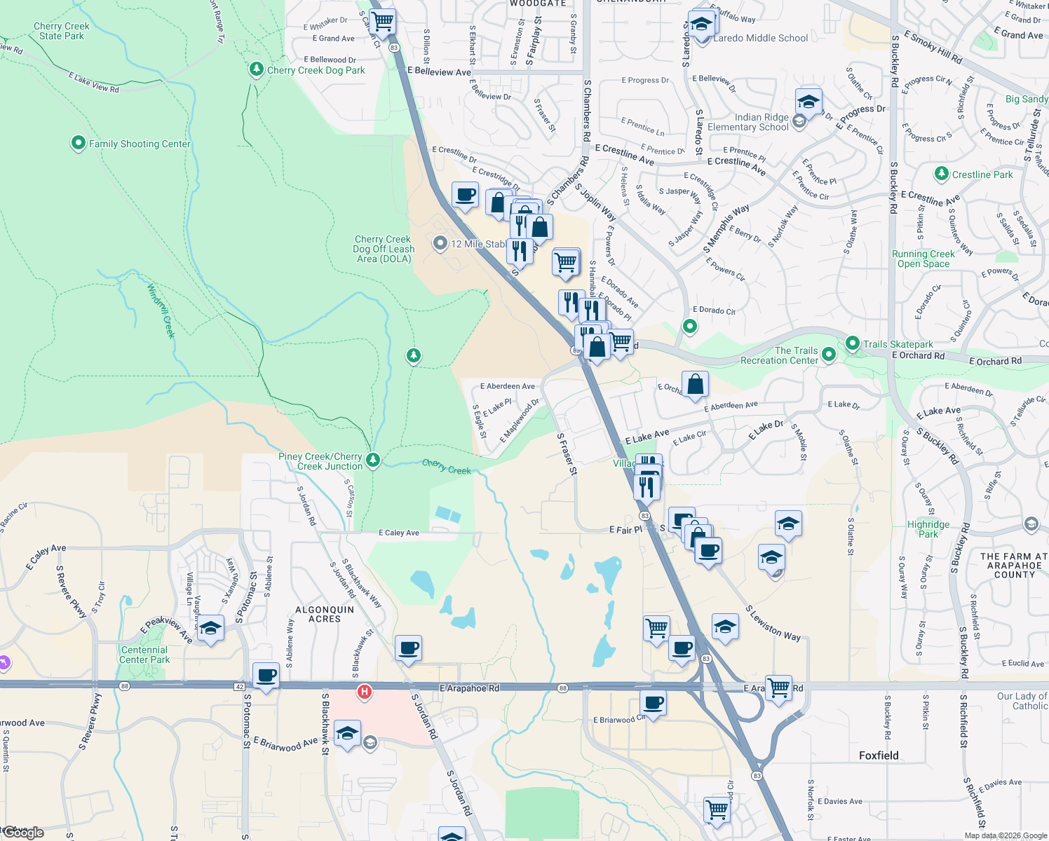 map of restaurants, bars, coffee shops, grocery stores, and more near 14982 East Maplewood Drive in Centennial