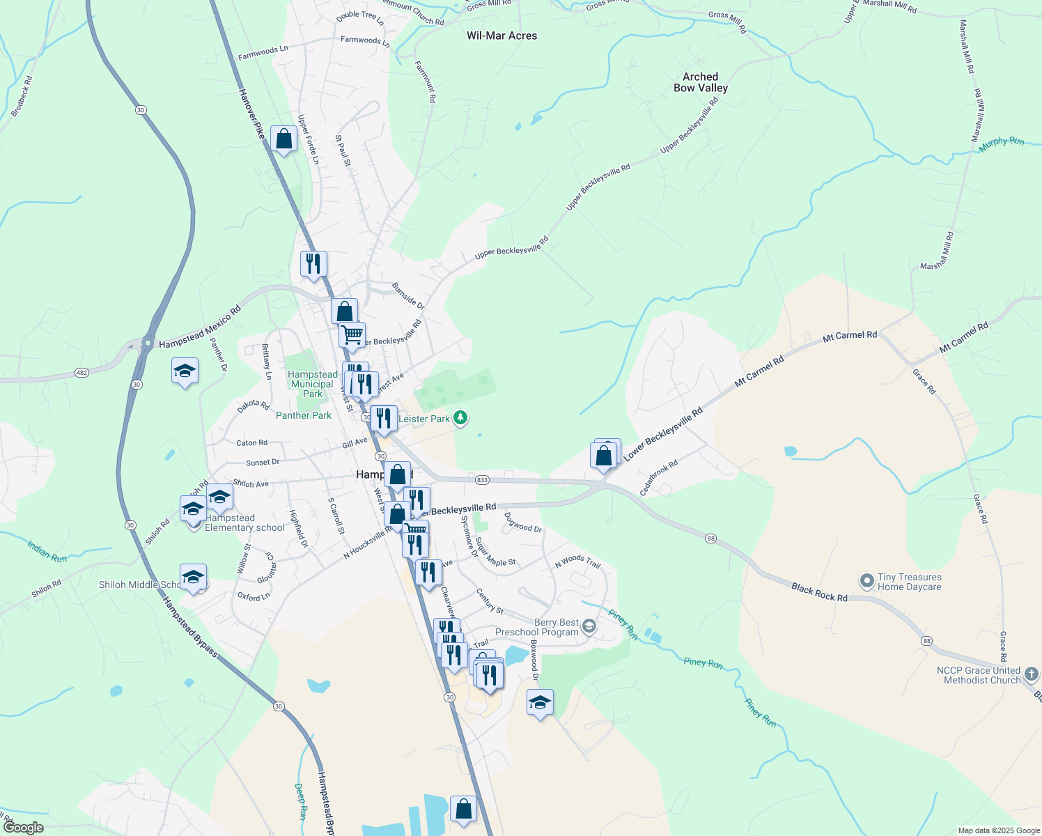 map of restaurants, bars, coffee shops, grocery stores, and more near 4134 Black Rock Road in Hampstead