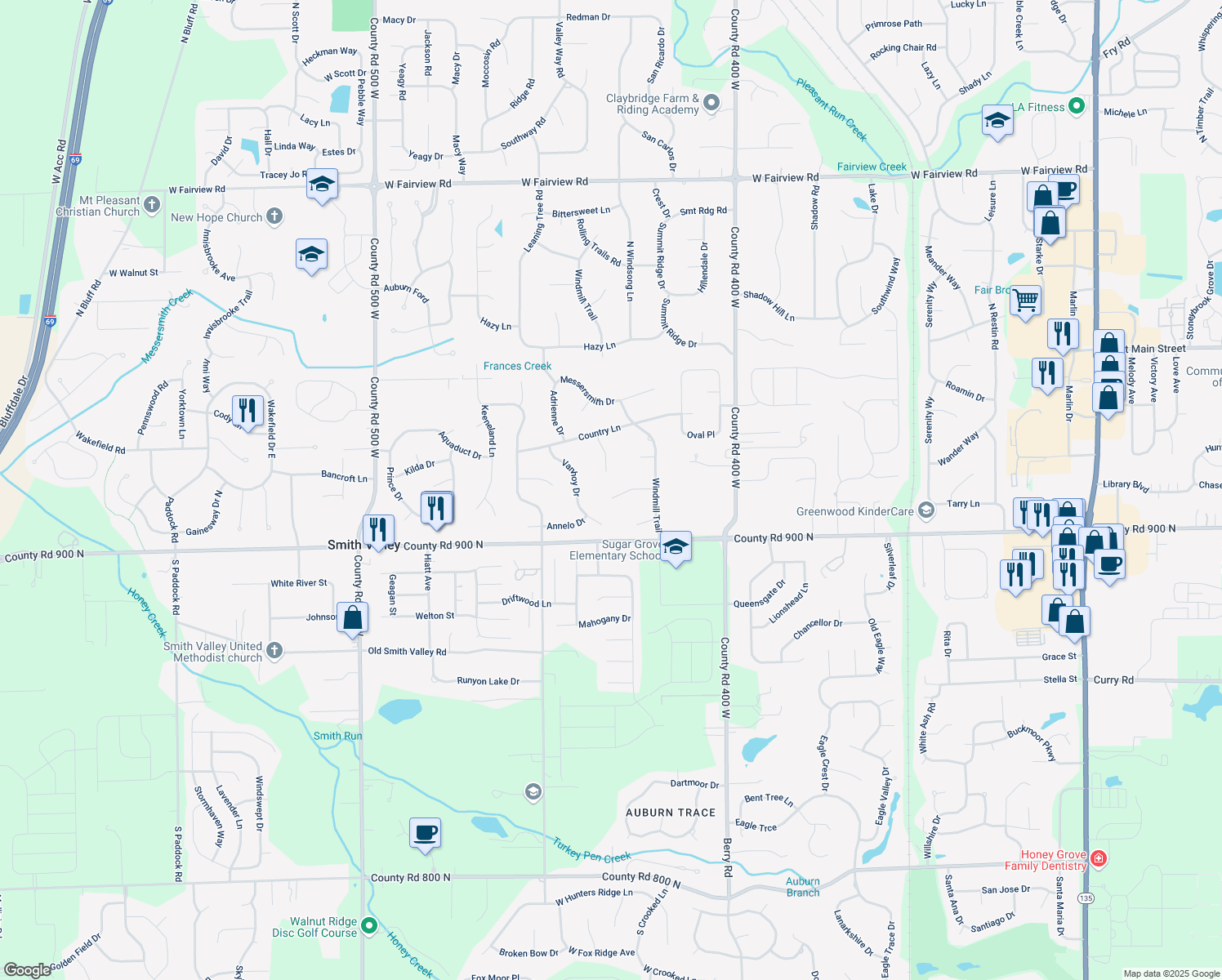 map of restaurants, bars, coffee shops, grocery stores, and more near 4186 Willow Wind Drive in Greenwood