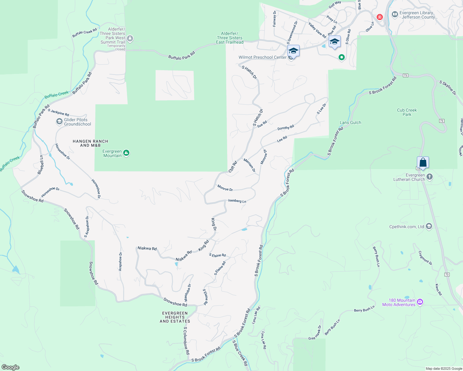map of restaurants, bars, coffee shops, grocery stores, and more near 30485 Monroe Drive in Evergreen