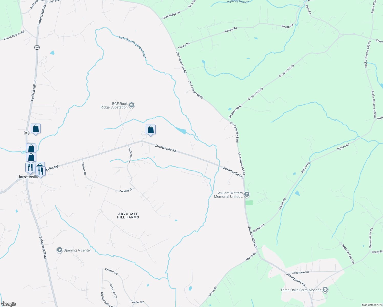 map of restaurants, bars, coffee shops, grocery stores, and more near 1554 W Jarrettsville Rd in Jarrettsville