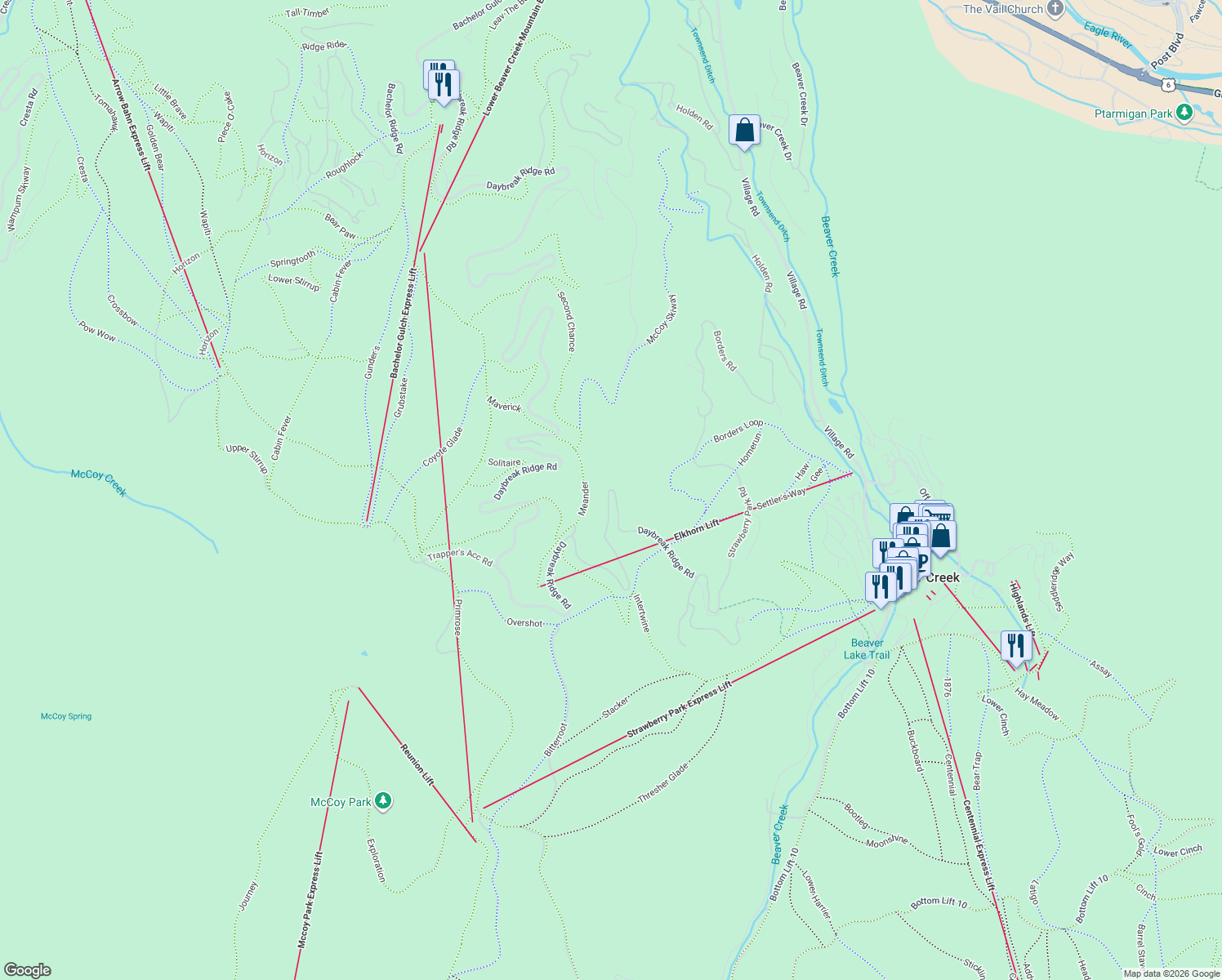 map of restaurants, bars, coffee shops, grocery stores, and more near Daybreak Ridge Road in Avon