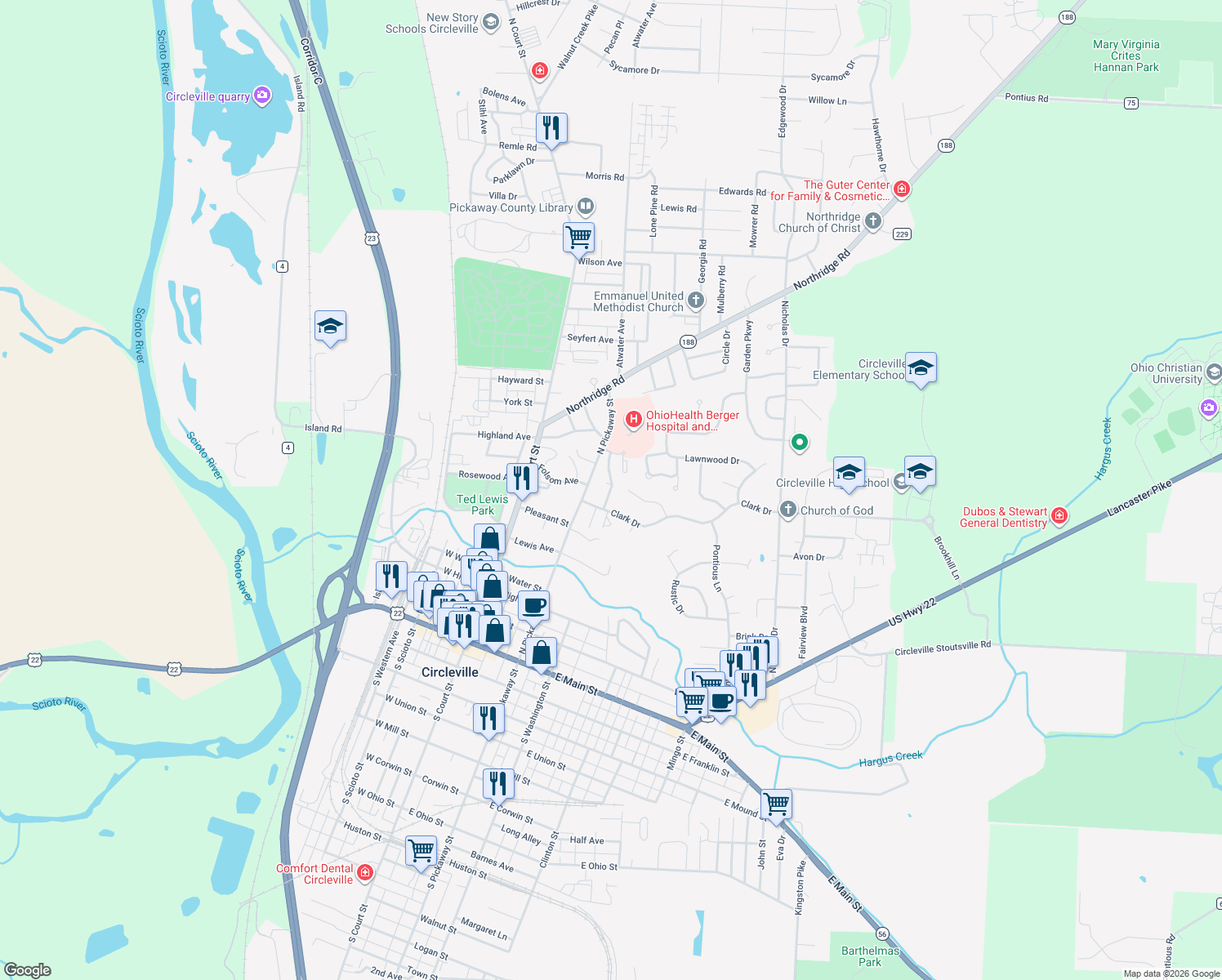 map of restaurants, bars, coffee shops, grocery stores, and more near 551 Springhollow Road in Circleville