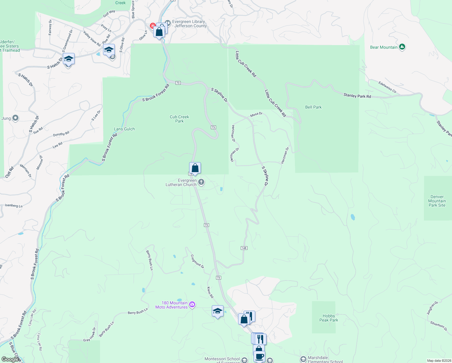 map of restaurants, bars, coffee shops, grocery stores, and more near 27646 Hi View Road in Evergreen