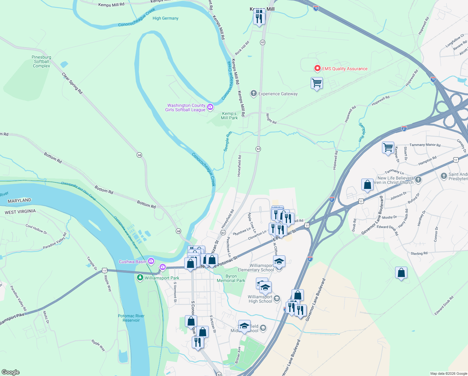 map of restaurants, bars, coffee shops, grocery stores, and more near 10736 Honeyfield Road in Williamsport