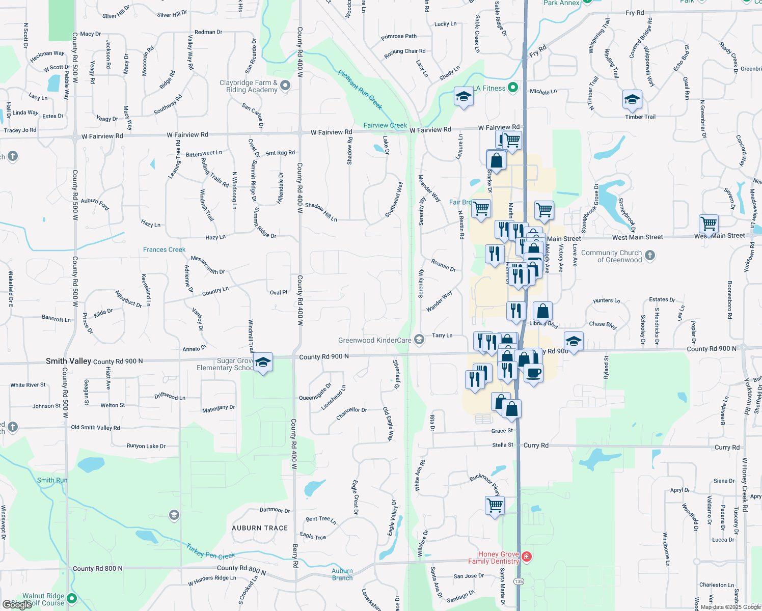 map of restaurants, bars, coffee shops, grocery stores, and more near 404 Walnut Woods Dr in Greenwood