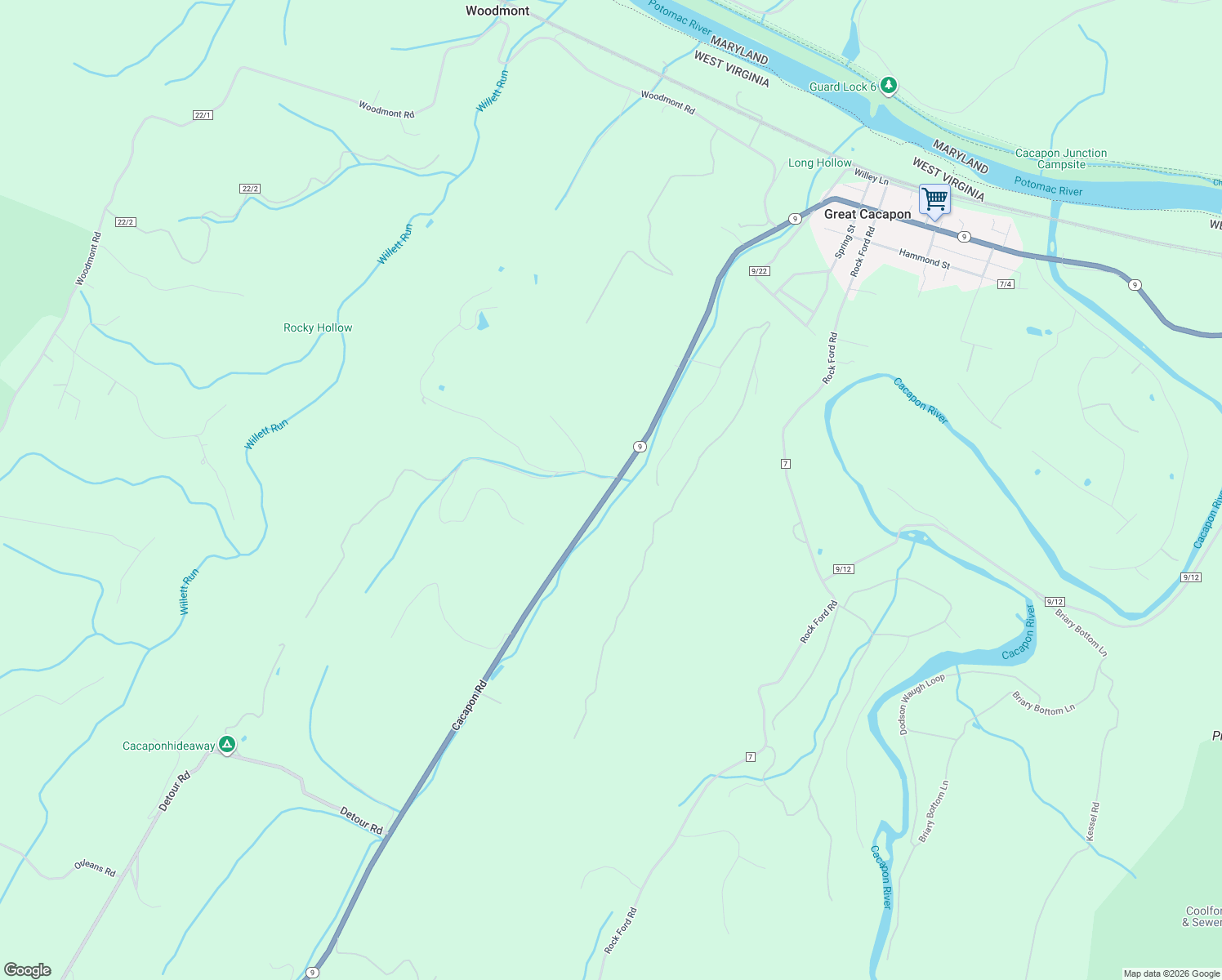 map of restaurants, bars, coffee shops, grocery stores, and more near 26 Moss Hill Court in Great Cacapon