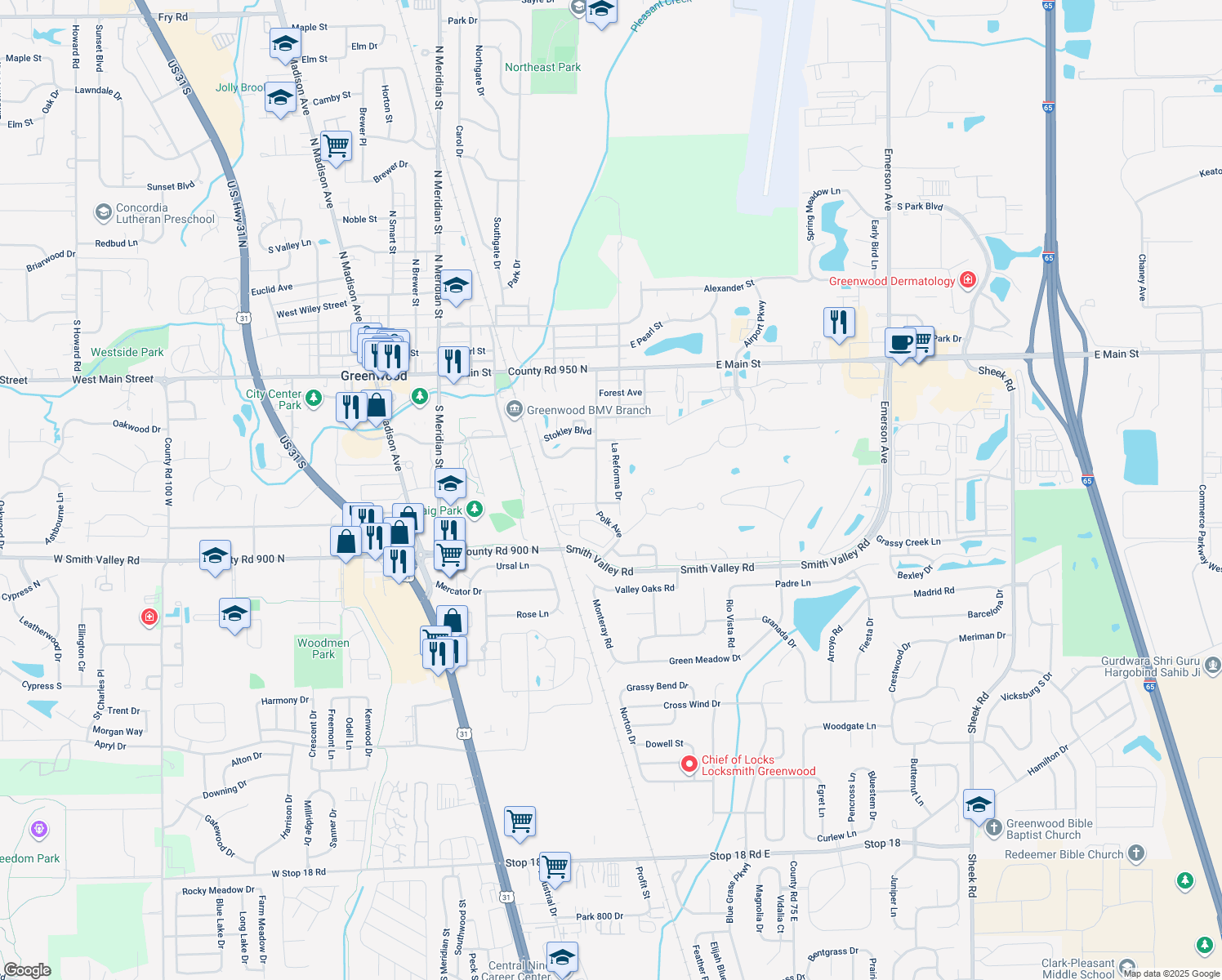 map of restaurants, bars, coffee shops, grocery stores, and more near 542 La Reforma Drive in Greenwood