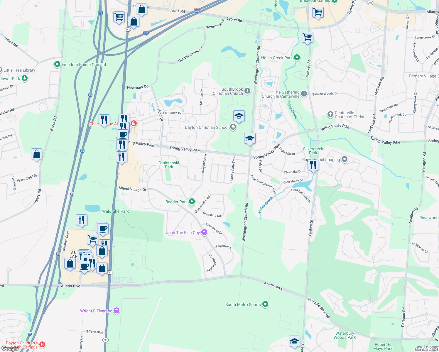 map of restaurants, bars, coffee shops, grocery stores, and more near 9546 Summer Wind Trail in Miamisburg