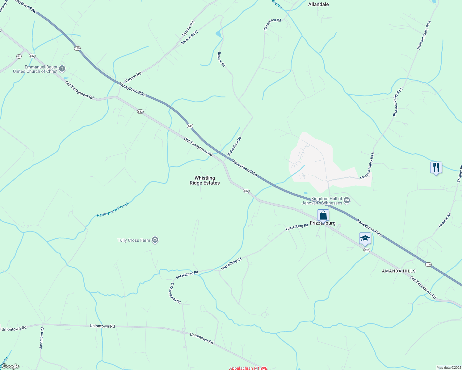 map of restaurants, bars, coffee shops, grocery stores, and more near 2257 Old Taneytown Road in Westminster