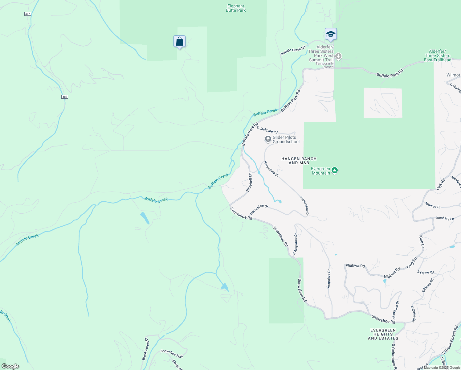 map of restaurants, bars, coffee shops, grocery stores, and more near 32993 Snowshoe Road in Evergreen